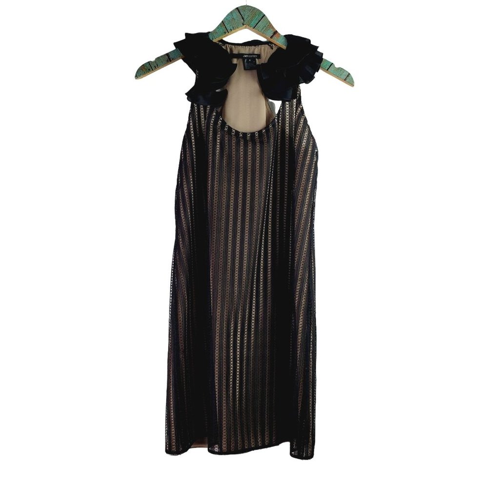 JAYGODFREY Black Over Nude Overlay Big Shoulder Sheath Dress, Sz 4